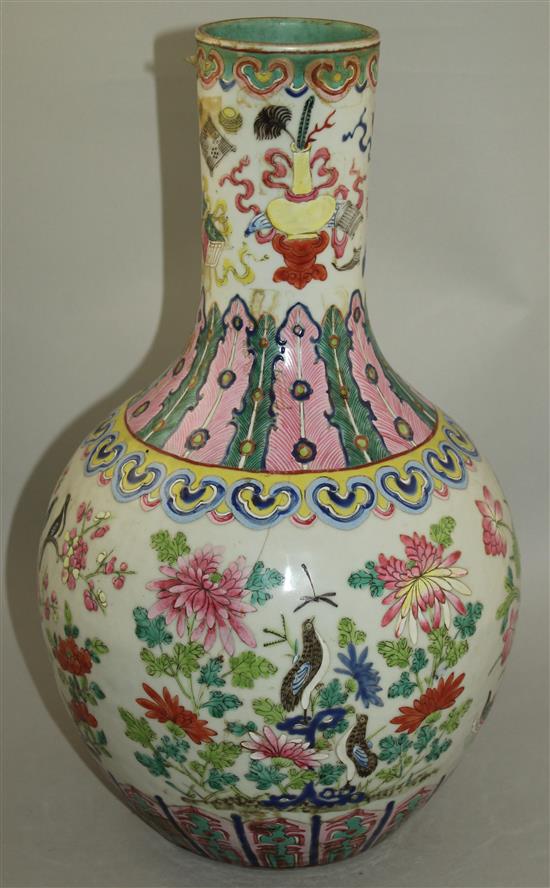 A large Chinese famille rose bottle vase, Daoguang period, 42.5cm, crack to body, lamp mount removed